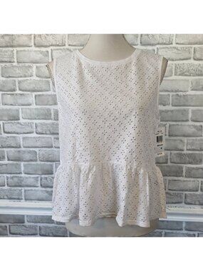 Three Dots White Eyelet Lace Peplum Tank Top NWT Medium 60s Retro Coastal Boho